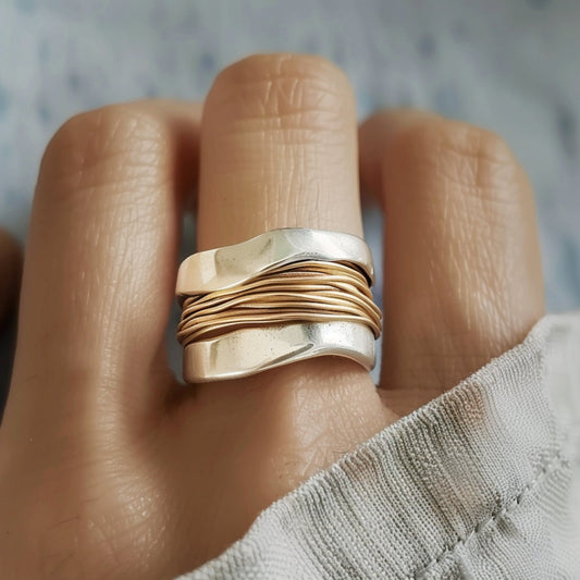 Silver & Gold Crystal Accent Ring – Elegant