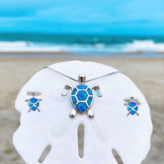 Silver Opal Sea Turtle Necklace & Earrings Set – Elegant