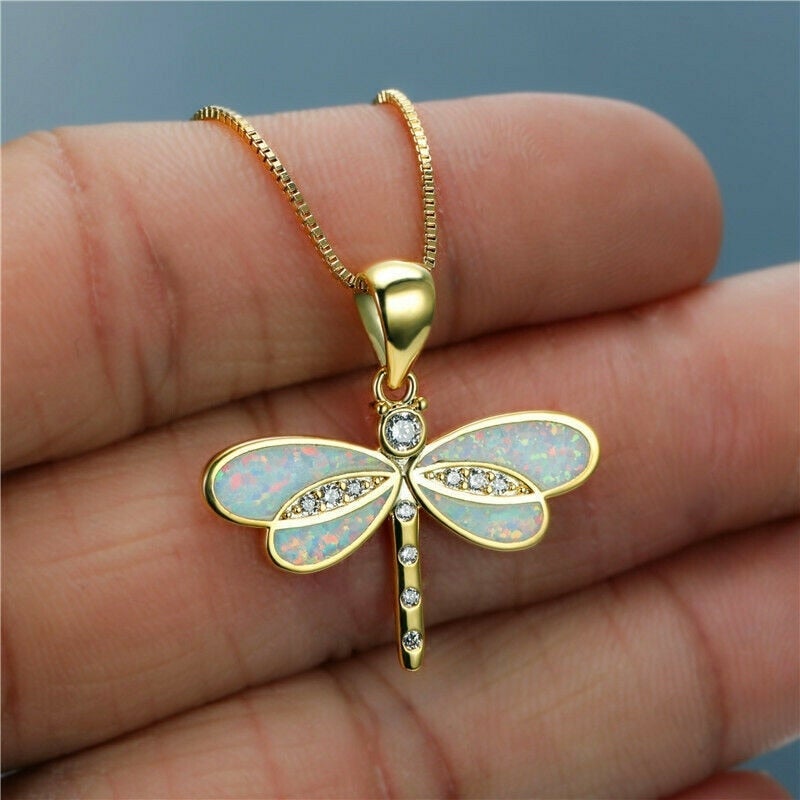 Gold Opal Dragonfly Necklace – Timeless Elegance
