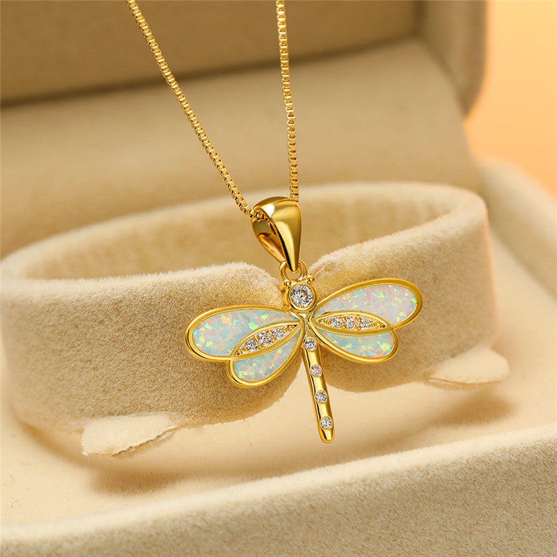 Gold Opal Dragonfly Necklace – Timeless Elegance