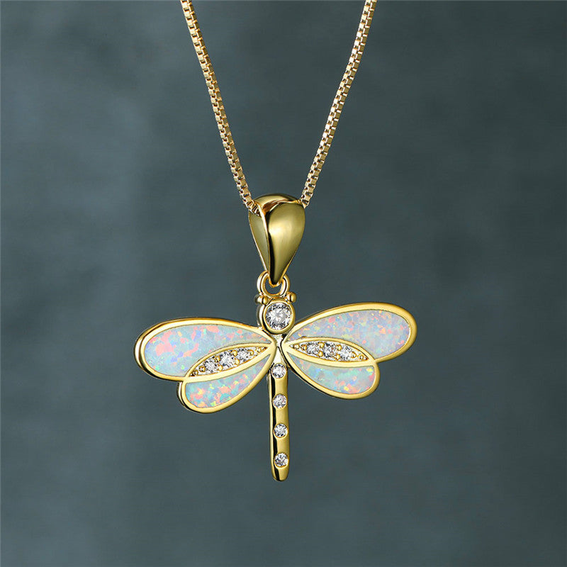 Gold Opal Dragonfly Necklace – Timeless Elegance