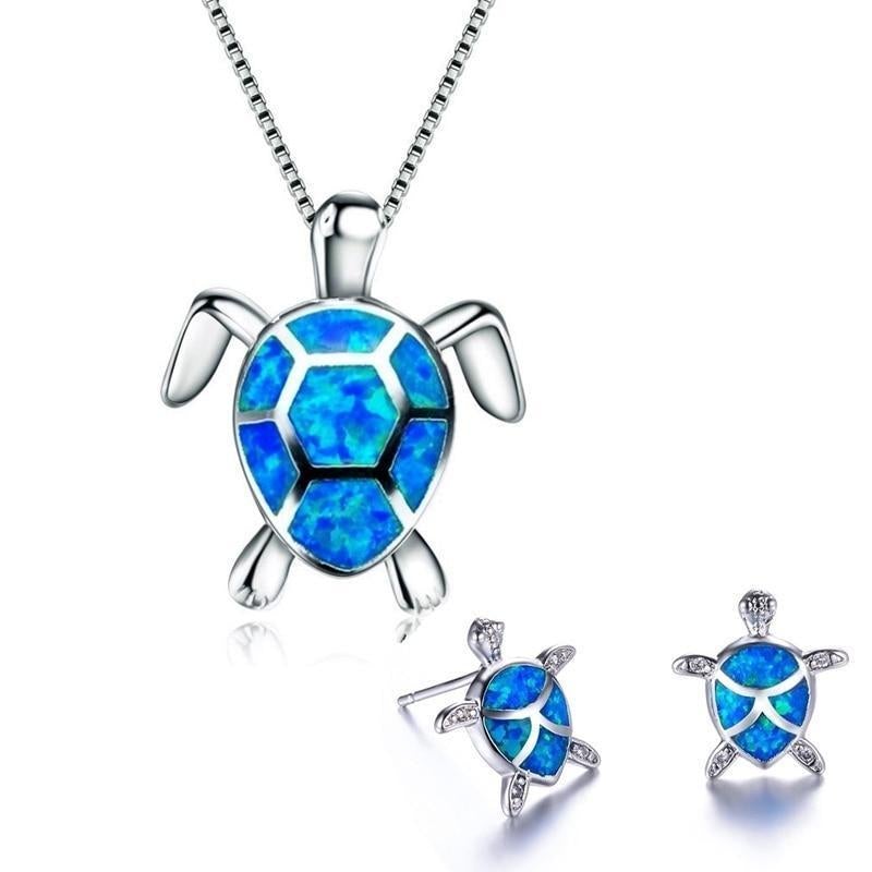 Silver Opal Sea Turtle Necklace & Earrings Set – Elegant