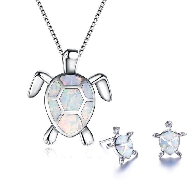 Silver Opal Sea Turtle Necklace & Earrings Set – Elegant
