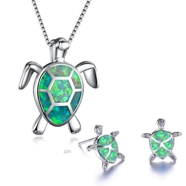 Silver Opal Sea Turtle Necklace & Earrings Set – Elegant