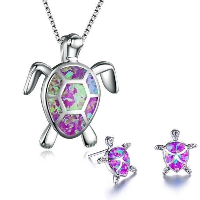 Silver Opal Sea Turtle Necklace & Earrings Set – Elegant