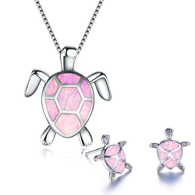 Silver Opal Sea Turtle Necklace & Earrings Set – Elegant